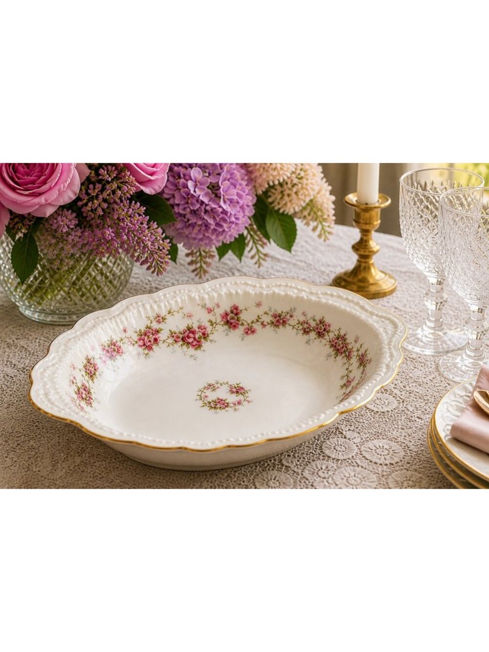Haviland New York Vintage Serving Bowl With Gold Trim & Pink Roses America